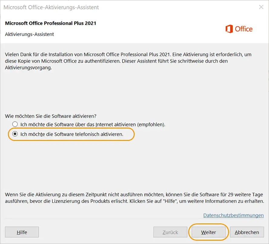 Microsoft Office-Aktivierungs-Assistent telefonische Aktivierung