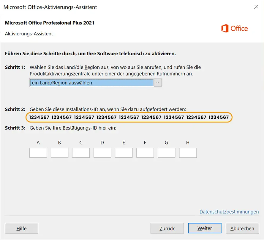 Microsoft Office-Aktivierungs-Assistent Installations-ID