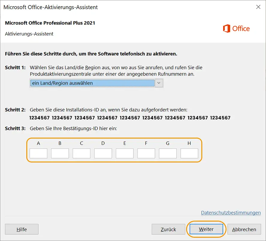 Microsoft Office-Aktivierungs-Assistent Bestätigungs-ID eingeben